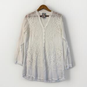 Johnny Was White Embroidered Eyelet Lace Sheer Blouse Tunic Size XS